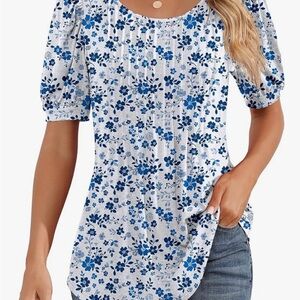 Women’s Floral Top Babydoll Puff Sleeve Pleated Shirt Cottagecore Feminine large